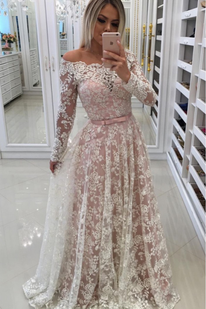 A-Line Long Sleeves Lace Long Prom Dresses Formal Evening Dresses 601057