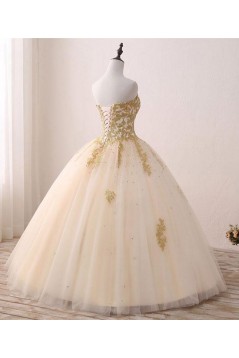 Ball Gown Sweetheart Gold Lace Appliques Long Prom Dresses Formal Evening Dresses 601059