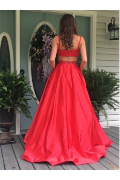 A-Line Long Red Beaded Prom Dresses Formal Evening Dresses 601060