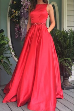 A-Line Long Red Beaded Prom Dresses Formal Evening Dresses 601060