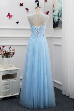 Long Blue Lace Tulle Prom Dresses Formal Evening Dresses 601072