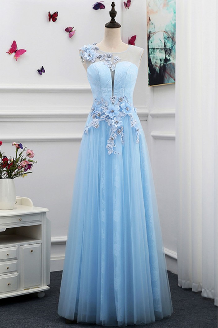 Long Blue Lace Tulle Prom Dresses Formal Evening Dresses 601072