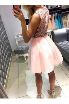 A-Line Short Pink Lace Prom Dresses Formal Evening Dresses 601073