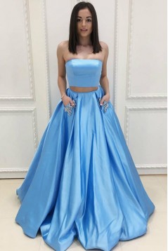 Long Blue Two Pieces Beaded Prom Dresses Formal Evening Dresses 601080