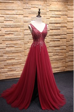 A-Line Beaded Long Red Tulle Prom Dresses Formal Evening Dresses 601087