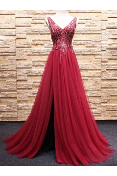 A-Line Beaded Long Red Tulle Prom Dresses Formal Evening Dresses 601087
