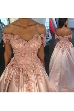 Ball Gown Off-the-Shoulder Lace Satin Long Prom Dresses Formal Evening Dresses 601088