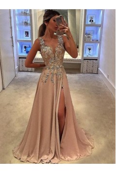 A-Line V-Neck Long Prom Dresses Formal Evening Dresses 601090