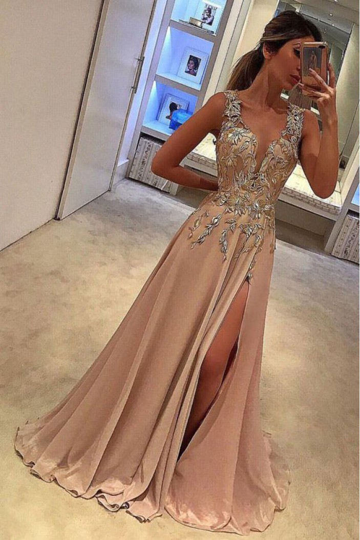 A-Line V-Neck Long Prom Dresses Formal Evening Dresses 601090