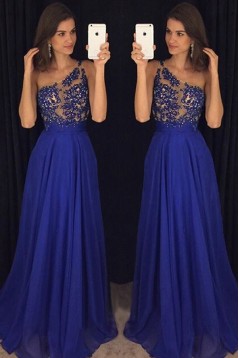 A-Line One-Shoulder Long Blue Beaded Lace Chiffon Prom Dresses Formal Evening Dresses 601092