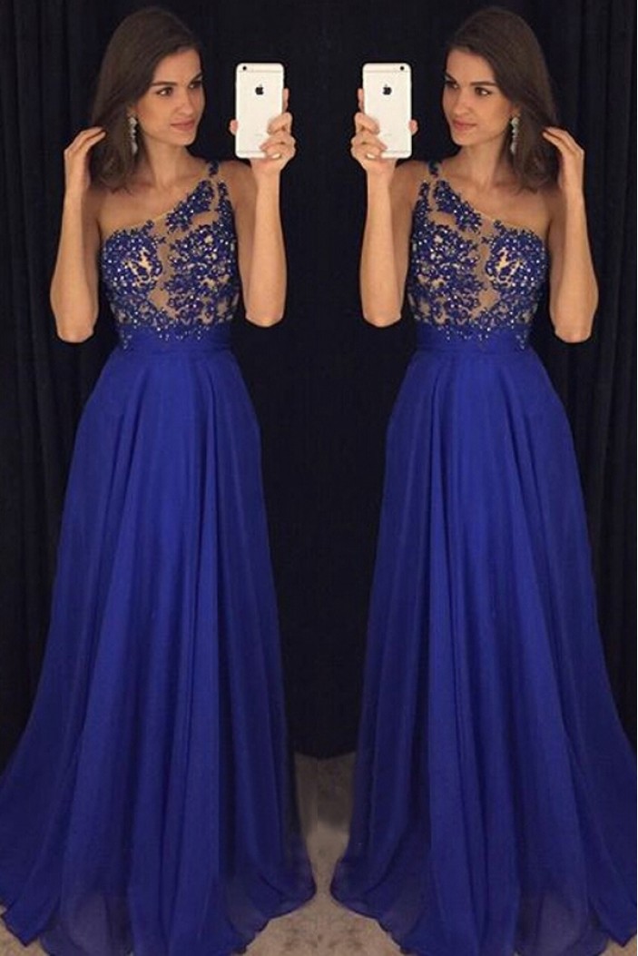 A-Line One-Shoulder Long Blue Beaded Lace Chiffon Prom Dresses Formal Evening Dresses 601092