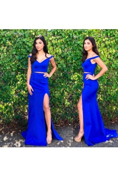 Two Pieces Off-the-Shoulder Long Blue Prom Dresses Formal Evening Dresses 601096