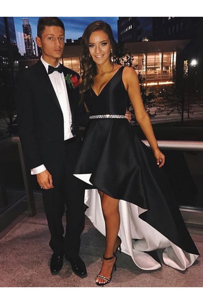 High Low Black White V-Neck Prom Dresses Formal Evening Dresses 601097