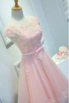 A-Line Short Pink Lace Appliques Prom Dresses Formal Evening Dresses 601099