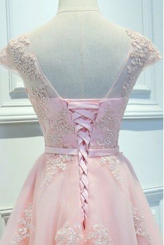 A-Line Short Pink Lace Appliques Prom Dresses Formal Evening Dresses 601099