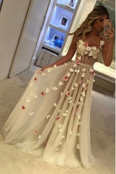 A-Line Sweetheart Long Prom Dresses Formal Evening Dresses with Flowers 601102
