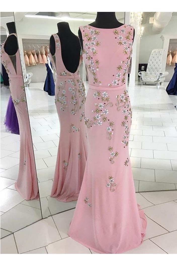 Long Pink Beaded Mermaid Prom Dresses Formal Evening Dresses 601106