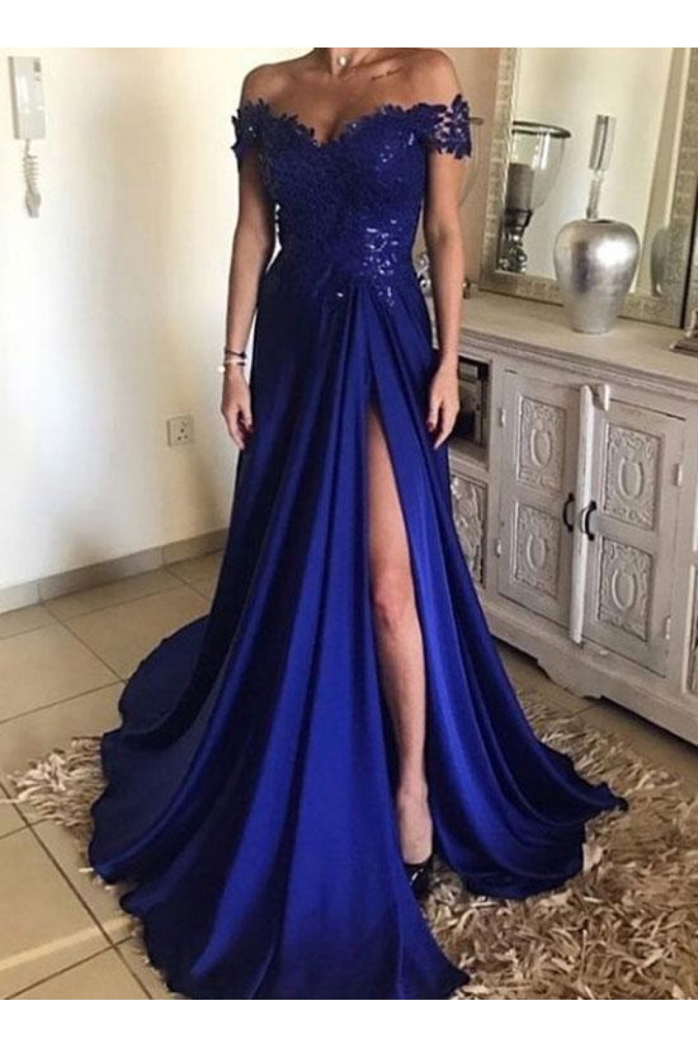 ALine Long Blue Lace OfftheShoulder Prom Dresses Formal Evening
