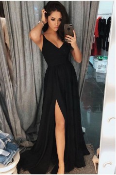 Simple Stunning V-Neck Long Black Prom Dresses Formal Evening Dresses 601118