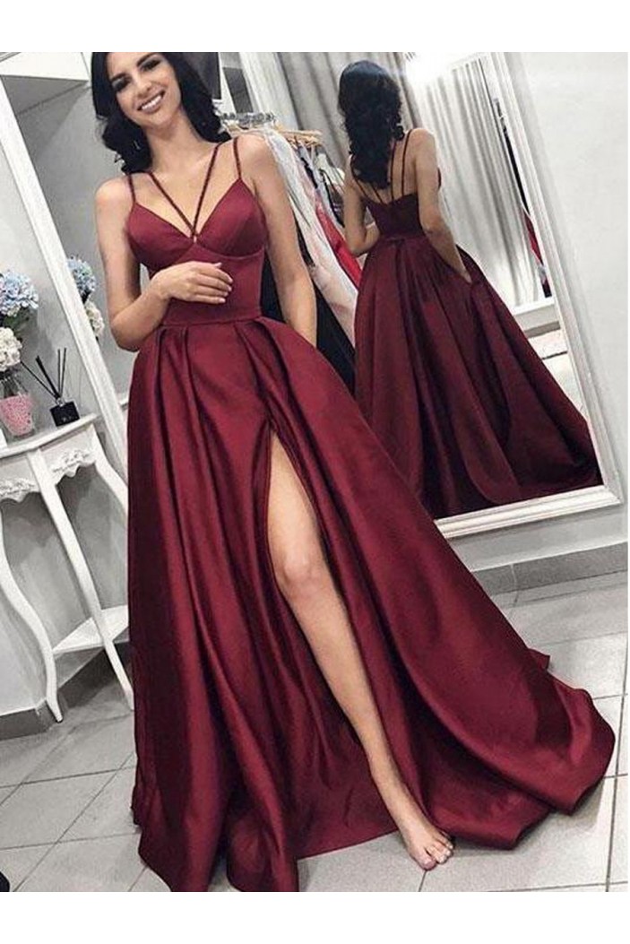 A-Line V-Neck Spaghetti Strap Long Prom Dresses Formal Evening Dresses 601135