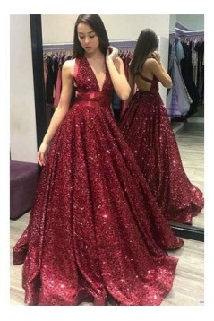 Sequined Ball Gown V-Neck Long Prom Dresses Formal Evening Dresses 601138