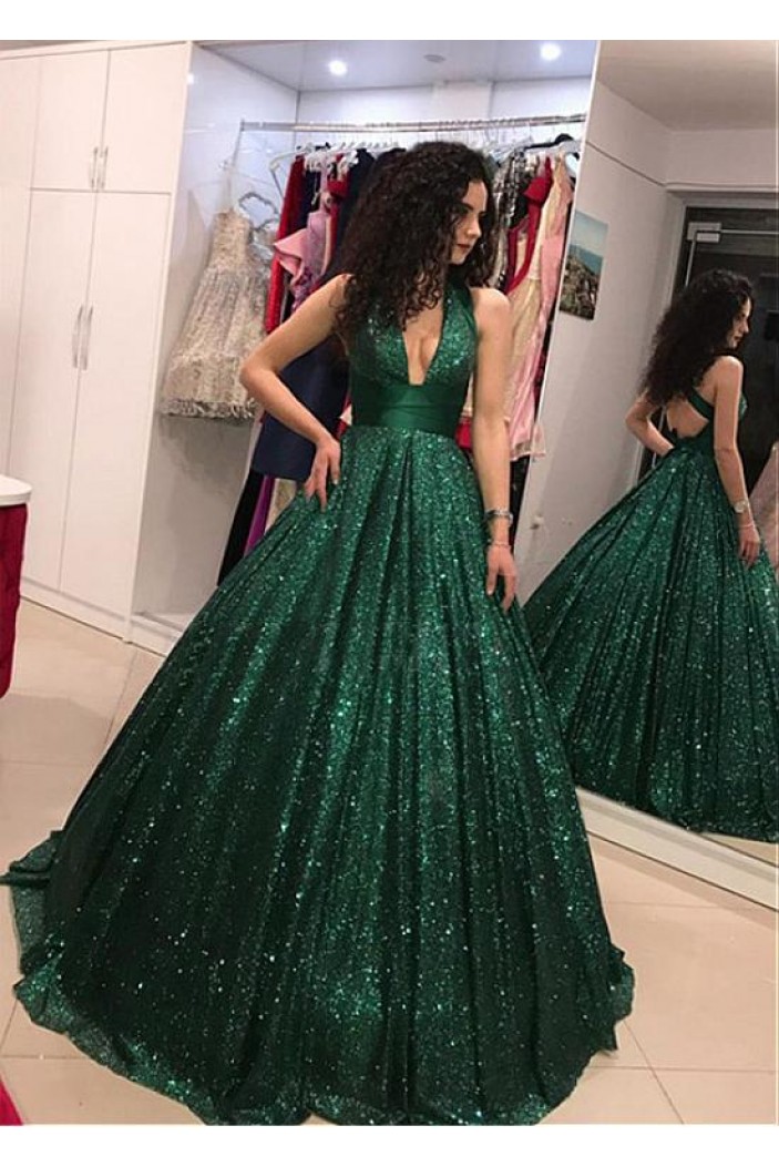 Sequined Ball Gown V-Neck Long Prom Dresses Formal Evening Dresses 601138