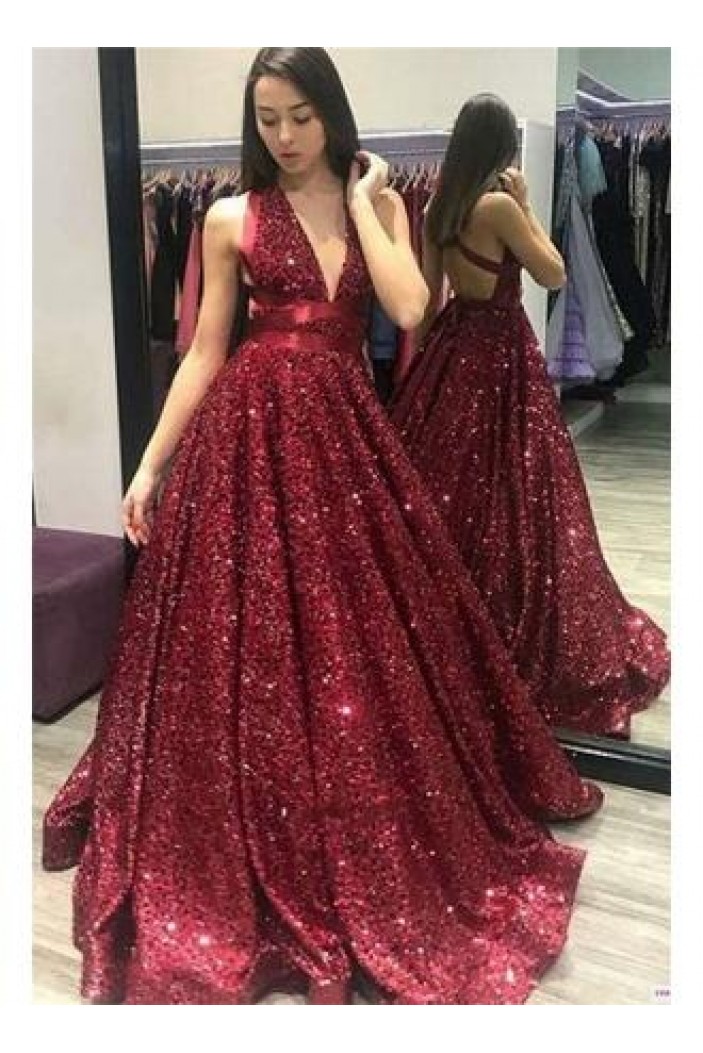 Sparkle Sequined Ball Gown V-Neck Long Prom Dresses Formal Evening Dresses 601141