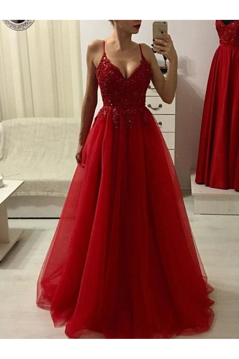 Long Red Spaghetti Strap VNeck Prom Dresses Formal Evening Dresses 601151