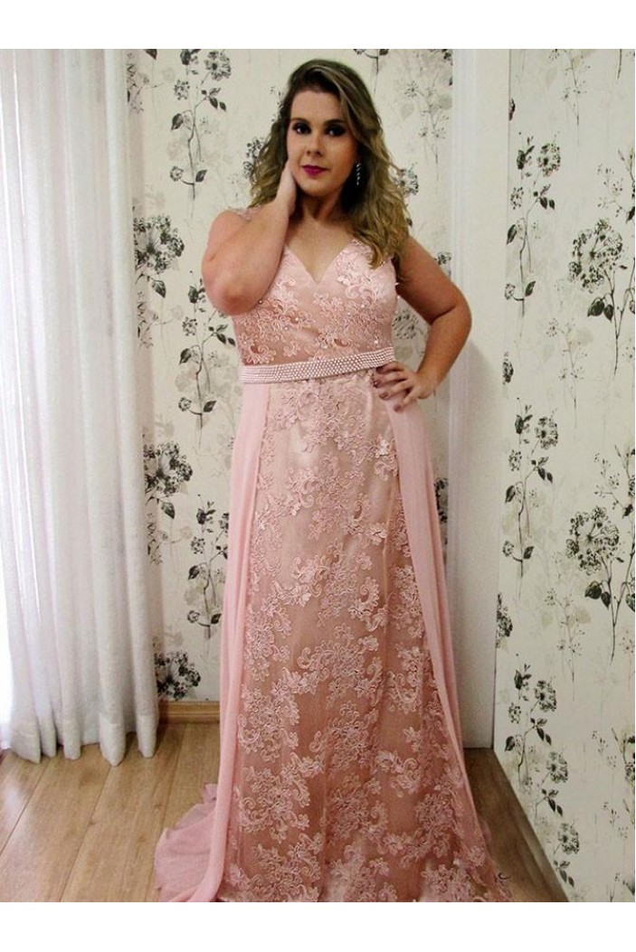 Long Beaded V-Neck Lace Chiffon Plus Size Prom Dresses Formal Evening Dresses 601168