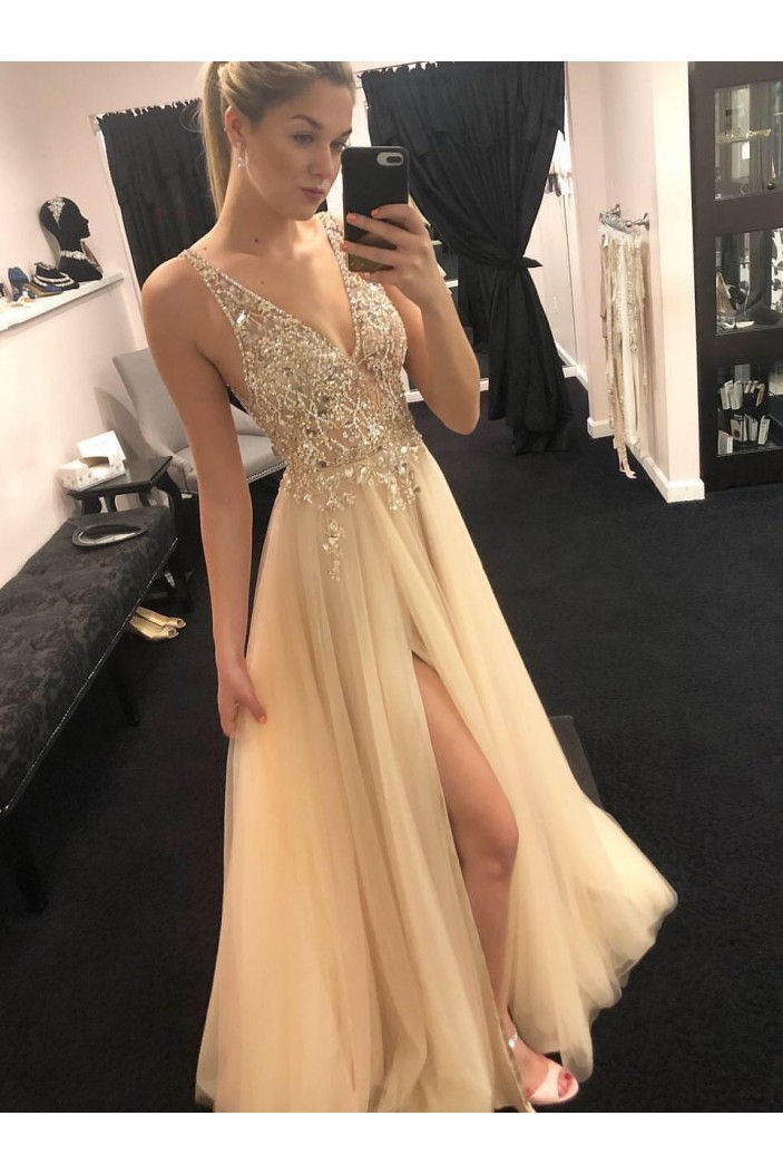 A-Line Beaded V-Neck Long Prom Dresses Formal Evening Dresses 601173