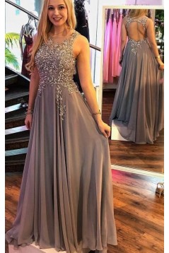 A-Line Beaded Chiffon Long Prom Dresses Formal Evening Dresses 601174