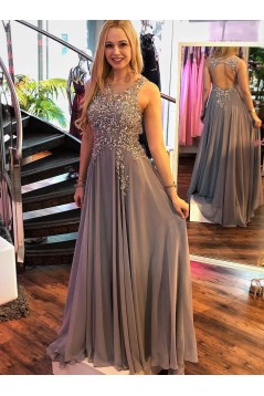 A-Line Beaded Chiffon Long Prom Dresses Formal Evening Dresses 601174