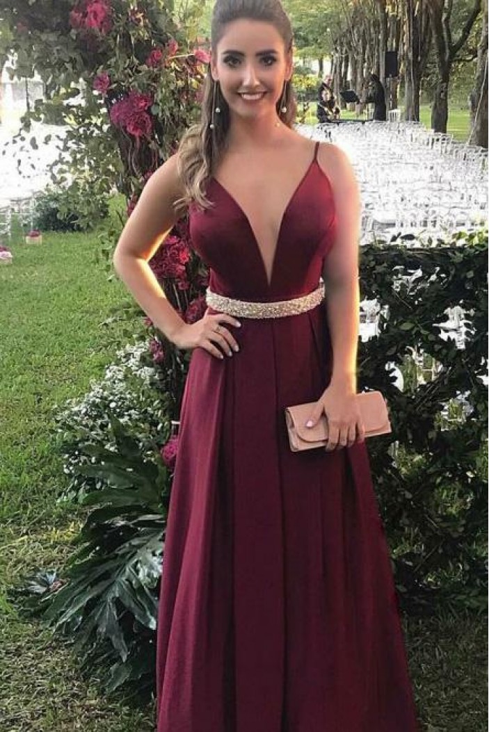 A-Line V-Neck Beaded Long Prom Dresses Formal Evening Dresses 601180