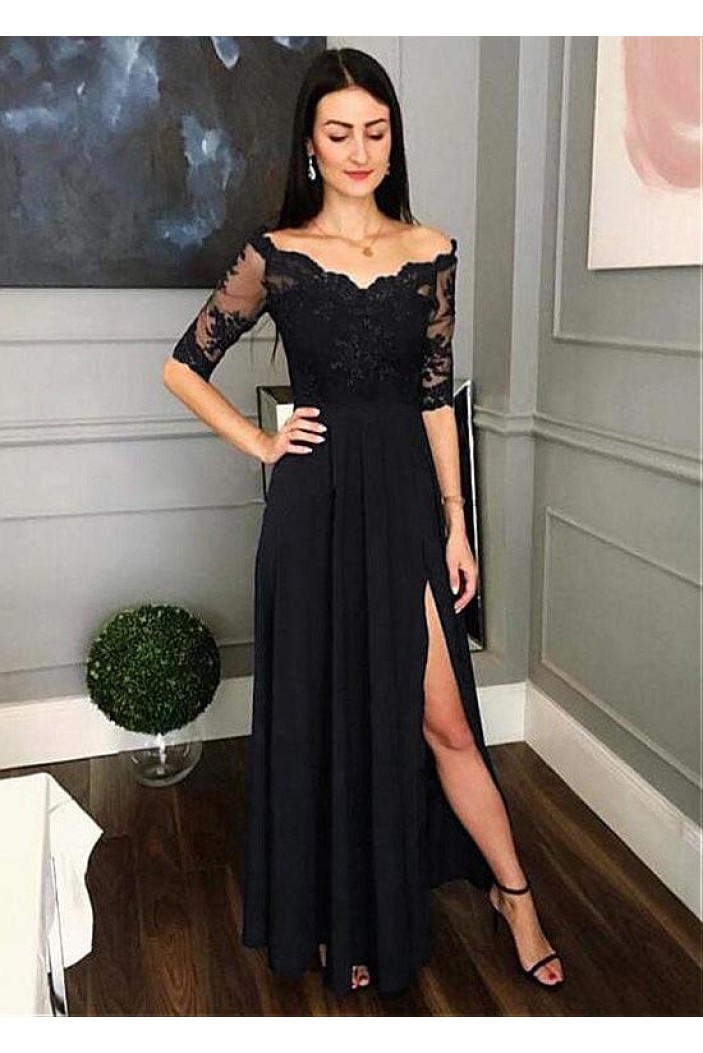 Lace and Chiffon V-Neck Long Mother of the Bride Dresses Formal Evening ...