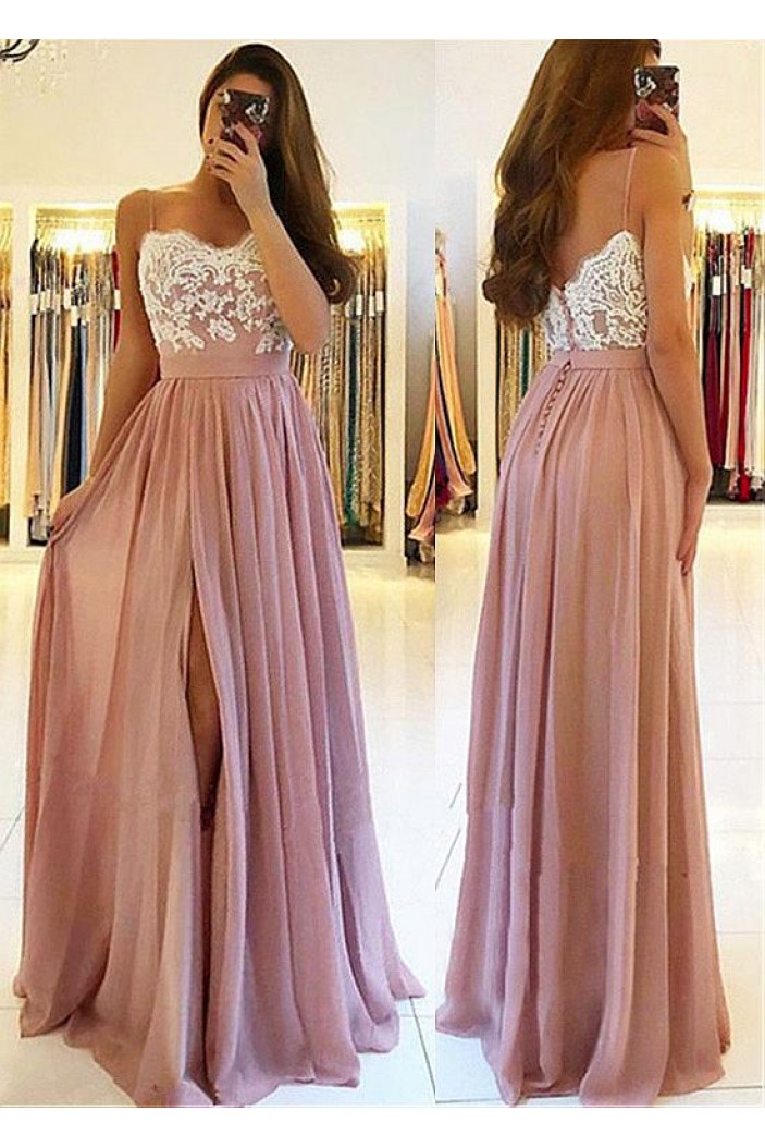 A-Line Lace Chiffon Spaghetti Straps Long Prom Dresses Formal Evening Dresses 601221