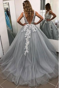 A-Line V-Neck Lace Tulle Long Prom Dresses Formal Evening Dresses 601233