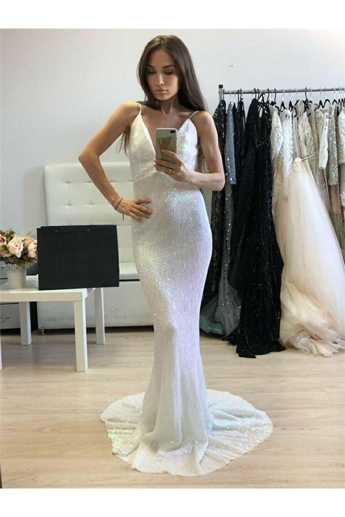 Long White Sequins Prom Dresses Formal Evening Dresses 601249