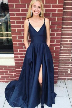 A-Line Spaghetti Straps V-Neck Long Prom Dresses Formal Evening Dresses 601253