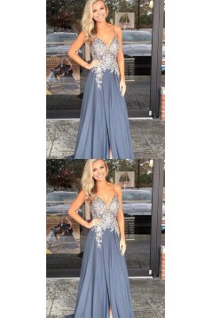 A-Line V-Neck Beaded Lace Chiffon Long Prom Dresses Formal Evening Dresses 601255