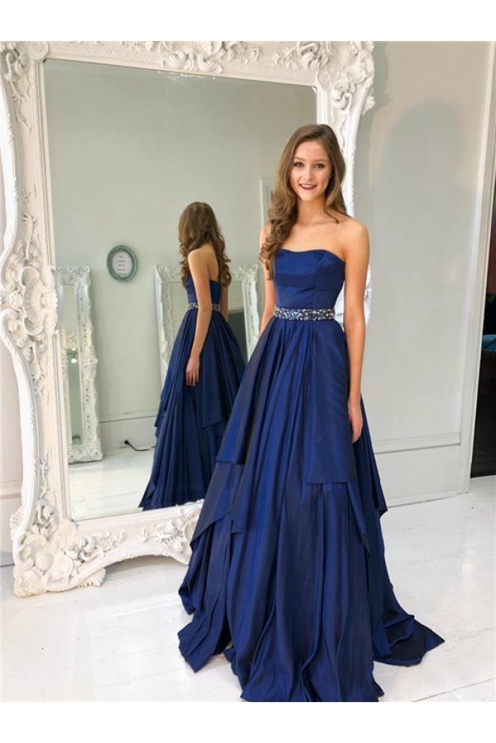 A-Line Strapless Beaded Long Prom Dresses Formal Evening Dresses 601260