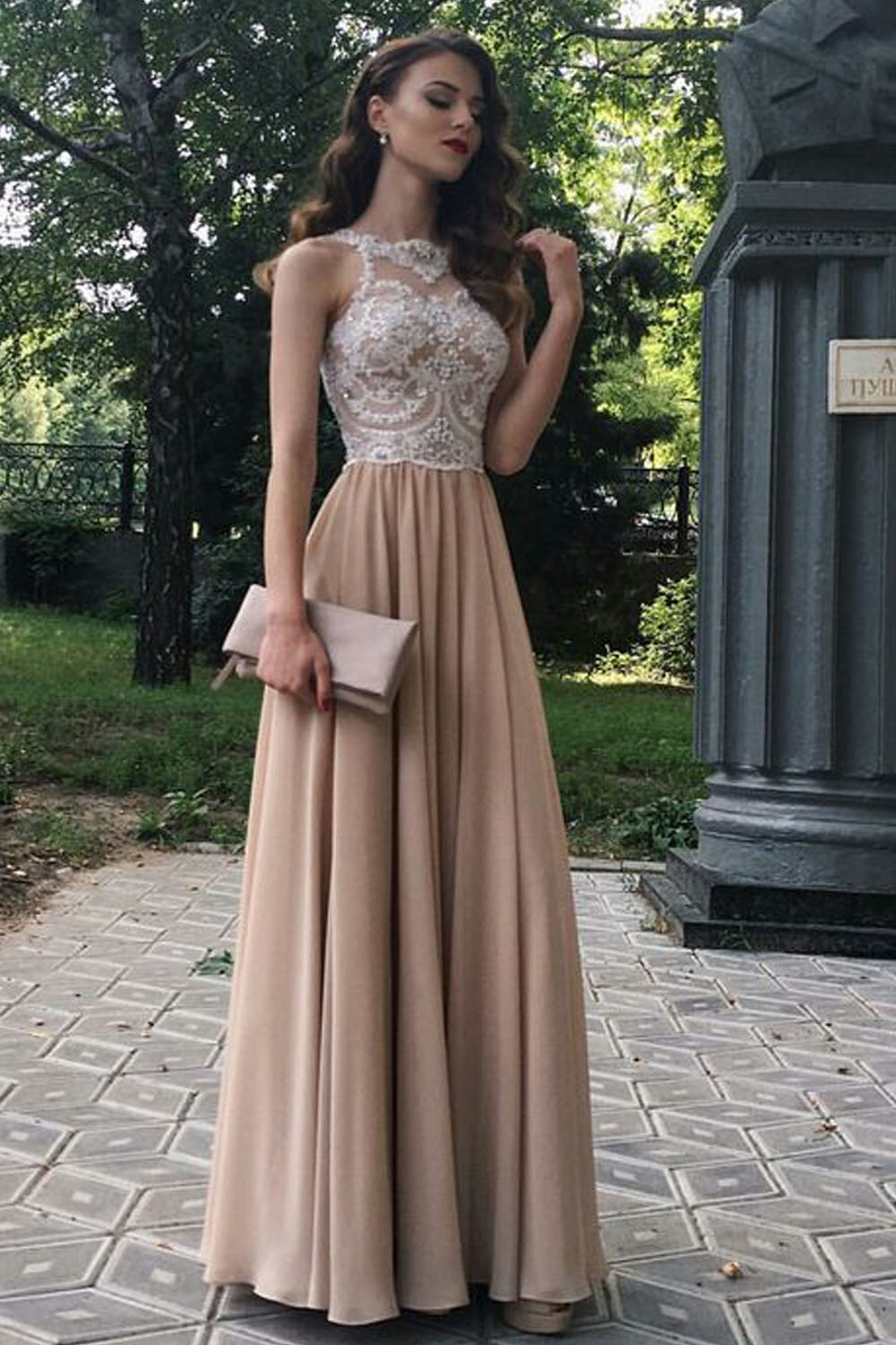 ALine Beaded Lace Chiffon Long Prom Dresses Formal Evening Dresses 601269