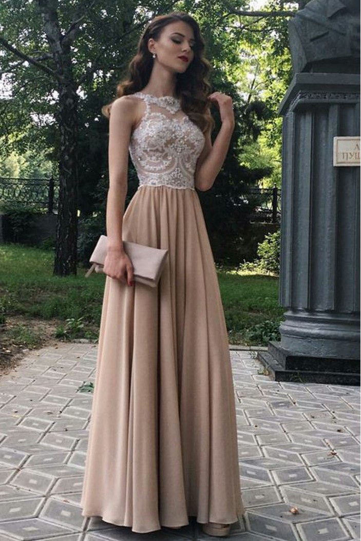 A Line Beaded Lace Chiffon Long Prom Dresses Formal Evening Dresses 601269