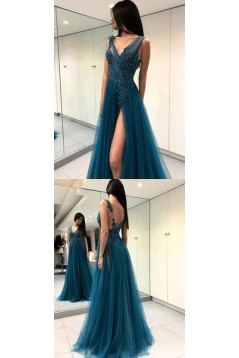 A-Line Beaded Lace Tulle Long Prom Dresses Formal Evening Dresses 601284