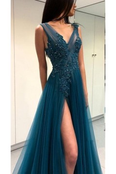 A-Line Beaded Lace Tulle Long Prom Dresses Formal Evening Dresses 601284