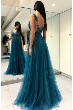 A-Line Beaded Lace Tulle Long Prom Dresses Formal Evening Dresses 601284