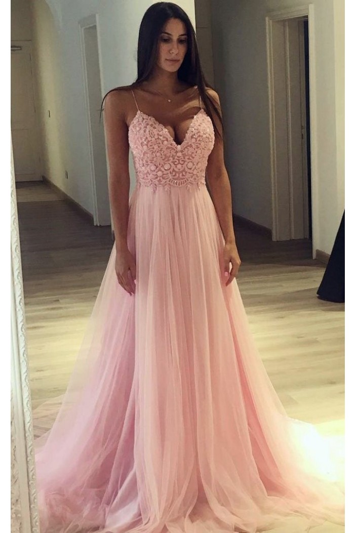 A-Line V-Neck Long Pink Lace Tulle Long Prom Dresses Formal Evening Dresses 601287