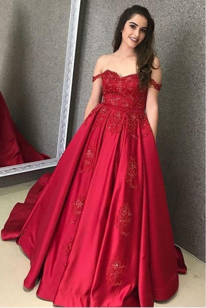 Ball Gown Off-the-Shoulder Beaded Lace Long Prom Dresses Formal Evening Dresses 601290