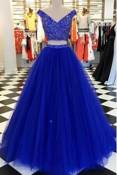 Beaded Tulle Two Pieces Long Prom Dresses Formal Evening Dresses 601291