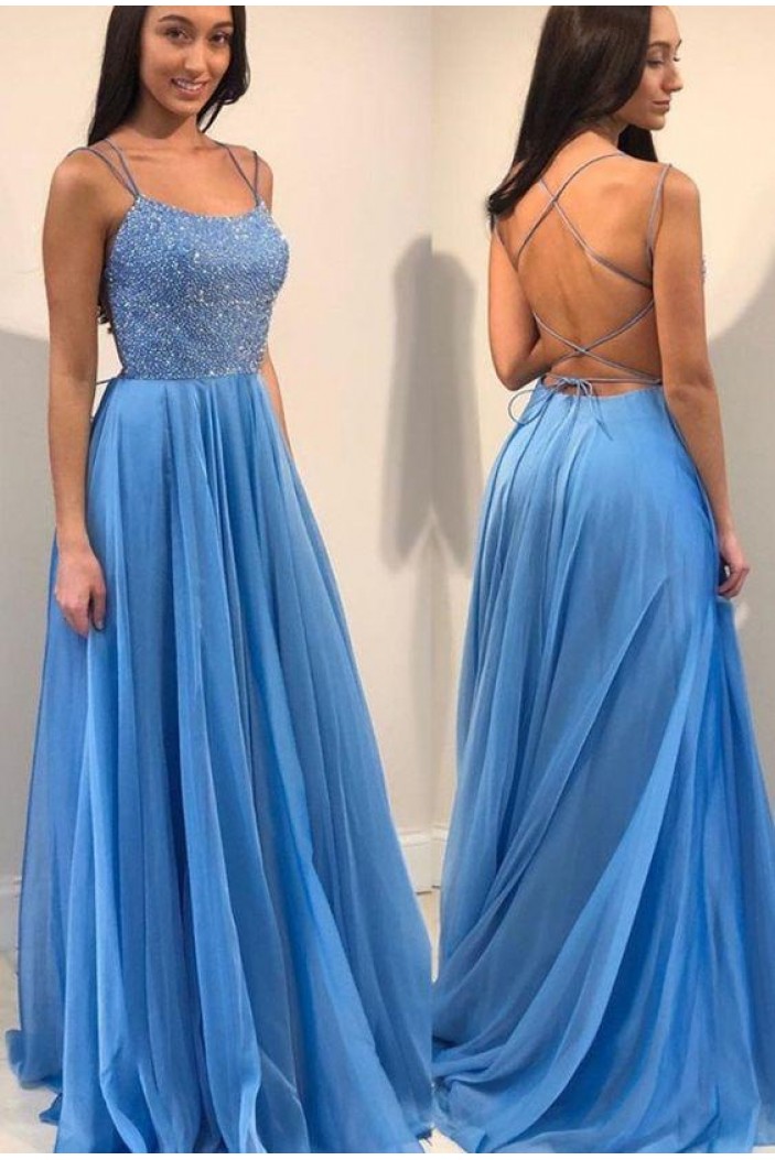 A-Line Beaded Long Prom Dresses Formal Evening Dresses 601296