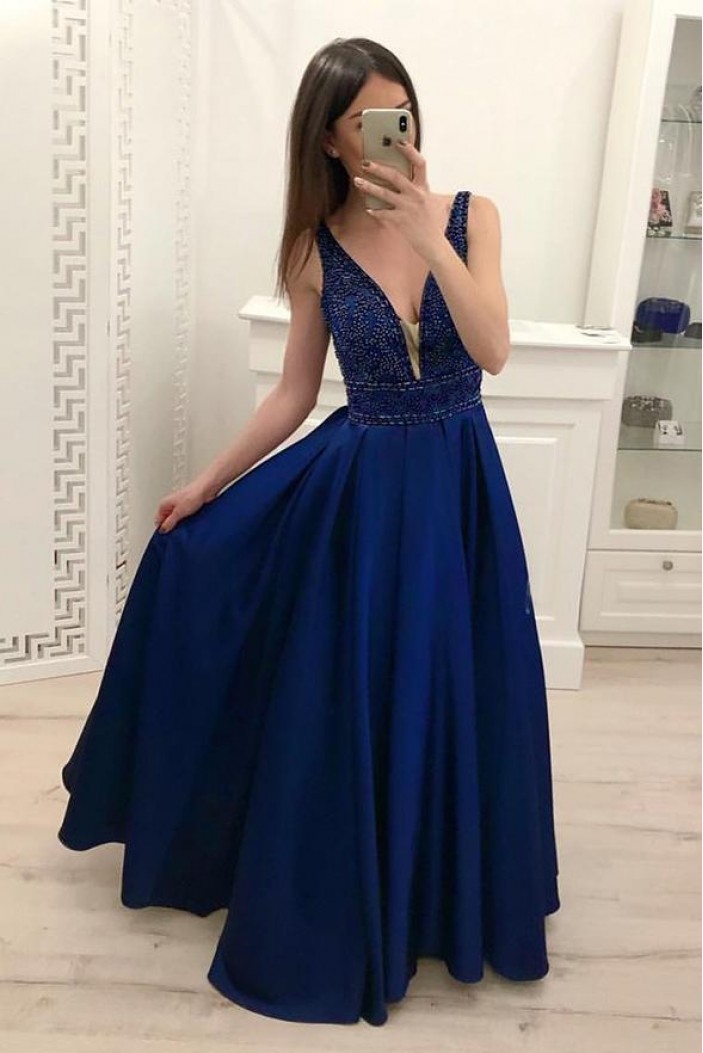 A-Line V-Neck Beaded Long Prom Dresses Formal Evening Dresses 601297